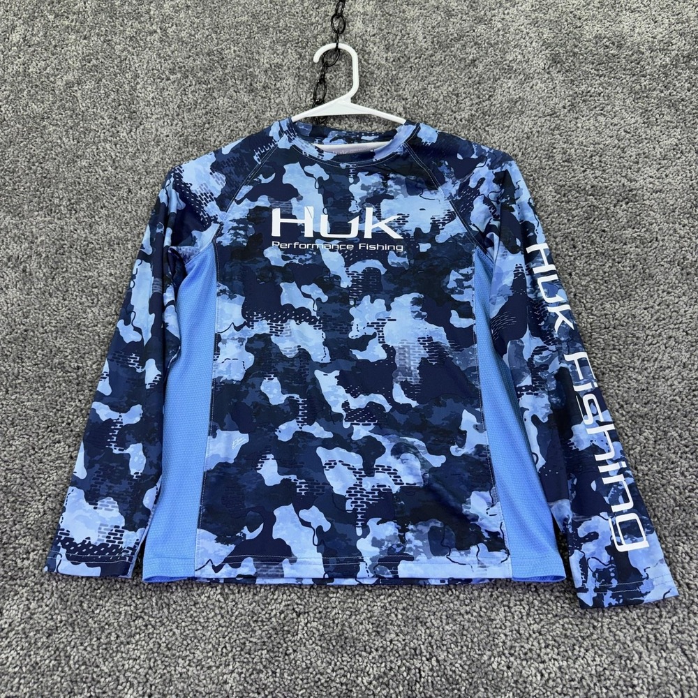 Huk Shirt Kids Medium Blue Camo Long Sleeve Crewneck Performance Fishing Outdoor